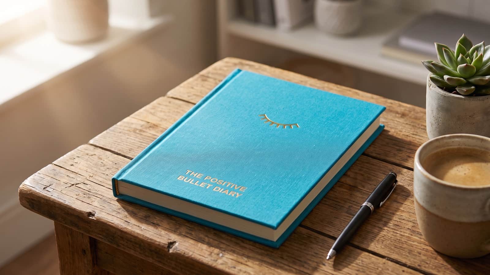 The Positive Bullet Diary posé sur une table en bois, à côté d’un café et d’un stylo, dans la lumière du matin