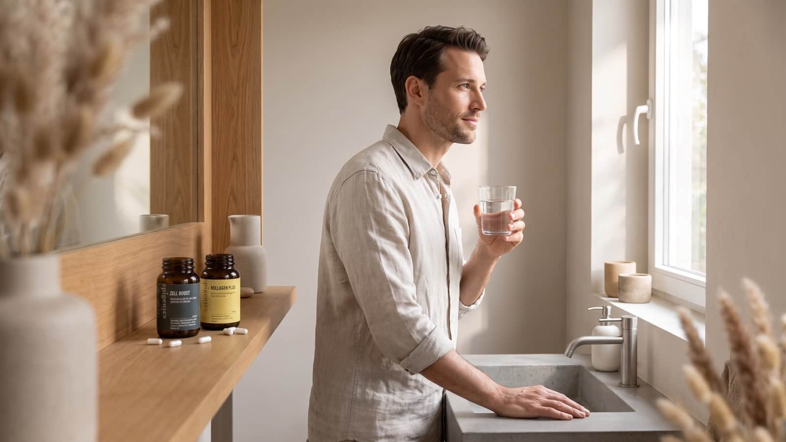 Homme calme à la peau nette pendant sa routine du matin, à côté des produits Epigenics Zell Boost et Kollagen Plus dans une salle de bain lumineuse