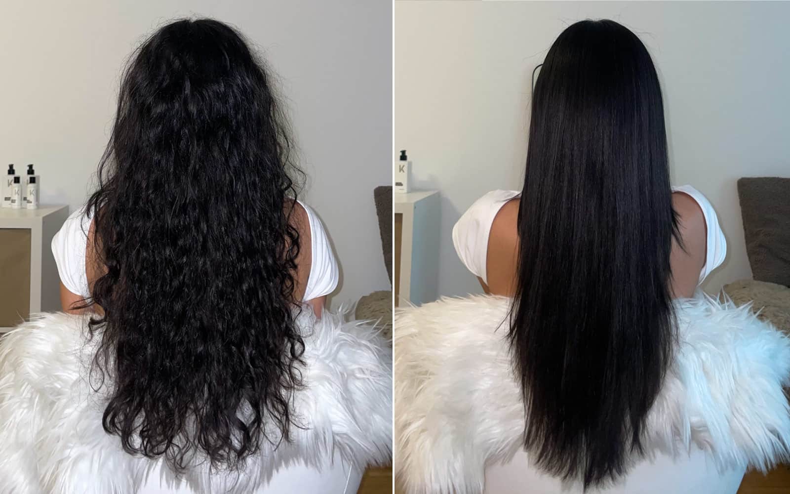 Avant-après du KERAZUL Keratin Treatment : à gauche, des cheveux ondulés et pleins de frisottis, à droite, lisses et brillants