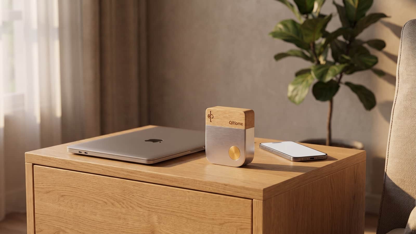 Un smartphone et un petit appareil blanc posés sur une table d’appoint dans un salon calme et moderne