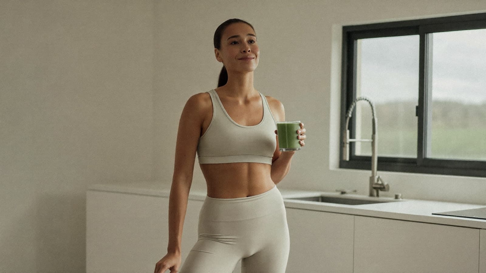 Woman in neutral activewear holding a green nutrient drink in a minimalist kitchen